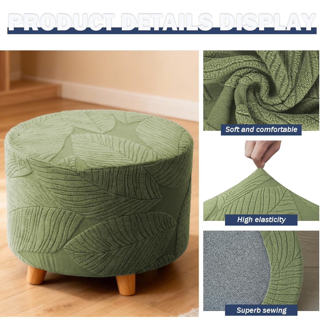NEUORTBURG Round Ottoman Cover Stretch Round Ottoman Storage Slipcover Leaves Jacquard Folding Footrest Stool Furniture Protector Cover with Elastic Bottom for Living Room Set of 1 Olive Green