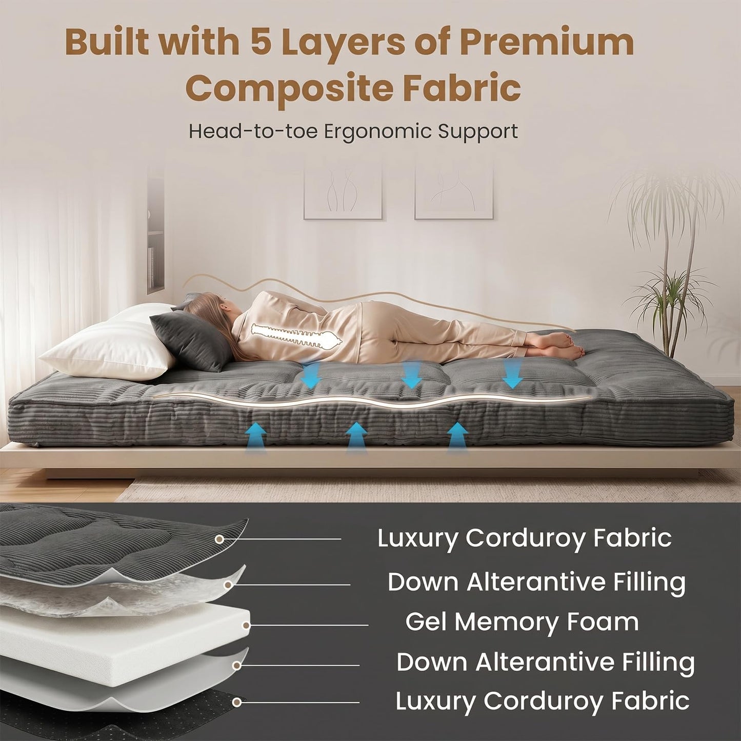 feliz home Japanese Floor Futon Mattress,4 Inch Memory Foam Mattress Topper Full,2 Inch Firm Cooling Gel Memory Foam and 2 Inch Soft Down Alternative for Back Pain Relief,Medium Support,Grey