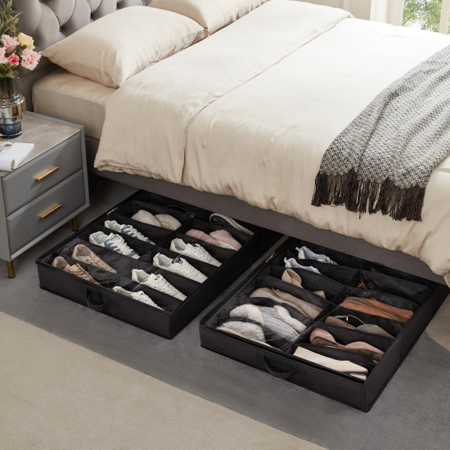 Lifewit Under Bed Shoe Storage Organizer 2 Pack(16 Shoes Cells), 4.3 Inches Profile Fabric Shoes Container Box with Clear Cover, Foldable Storage Bag with 2 Handles, Fits 16 to 32 Pairs