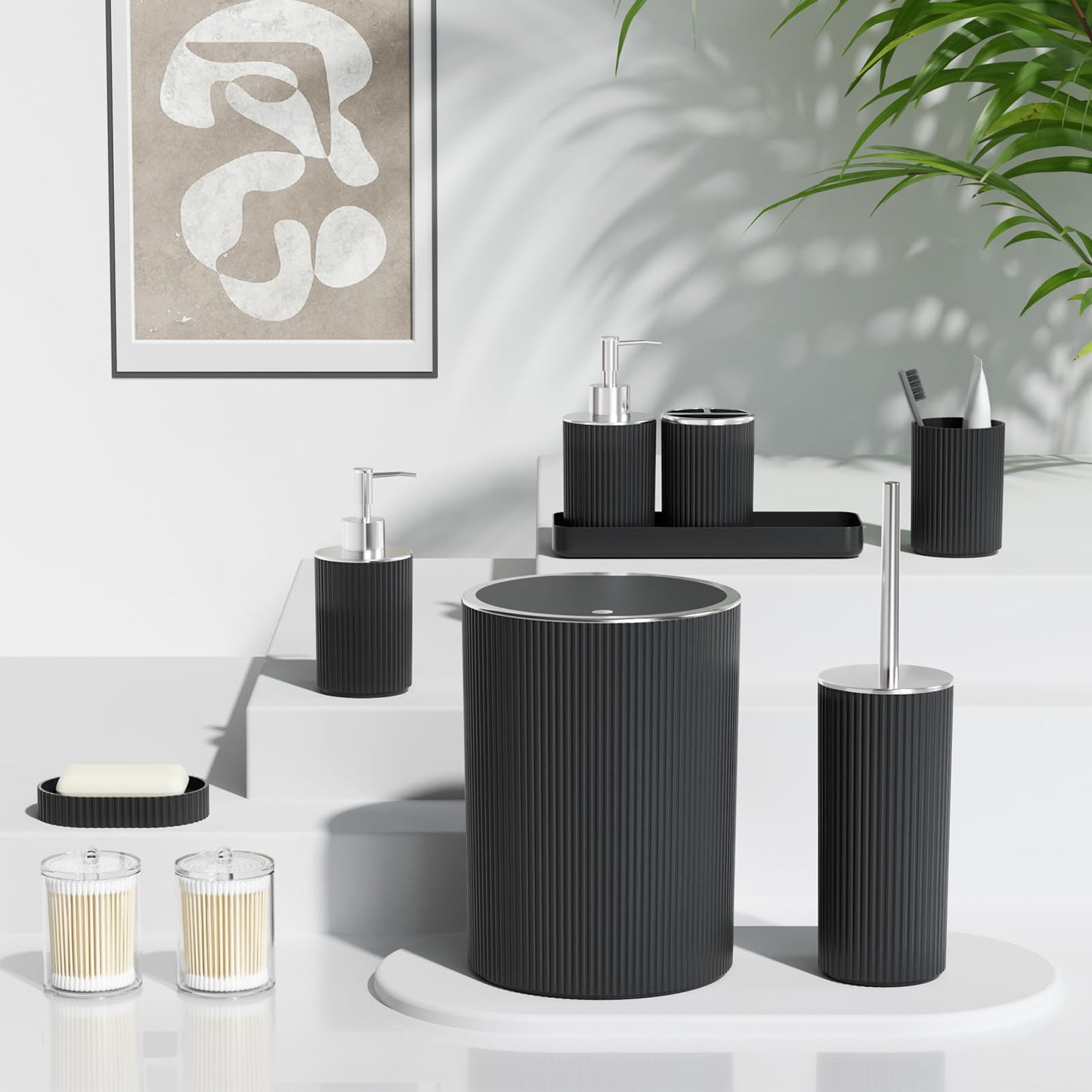 InnJoey Black Bathroom Accessories Set, 10PC Bathroom Trash Can Set