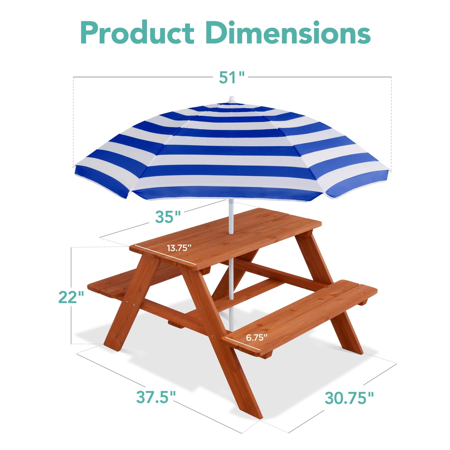 Best Choice Products Wooden Kids Picnic Table with Umbrella, Outdoor Activity Table Set with Built-in Benches, 220 lb Capacity per Bench - Golden Brown/Navy