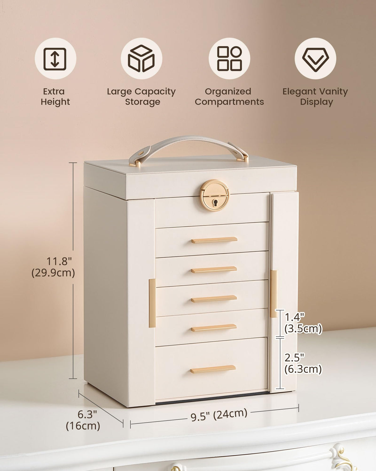 Lolalet Large Jewelry Box, 6-Layer Jewelry Organizer with 5 Drawers -Beige