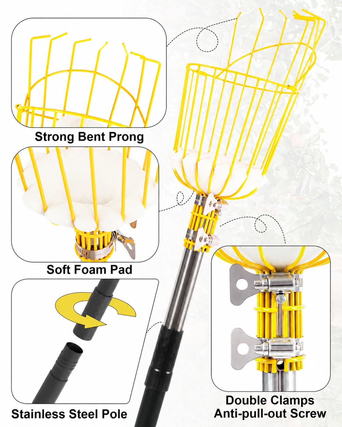 BlumeTrec 9FT Fruit Picker with Basket, Apple Picking Tool 35–105 Inch Adjustable Pole, Long-Handle Mango Grabber, Tree Fruit Catcher for Harvesting Lemon Pear Orange Avocado Peach Citrus Grapefruit