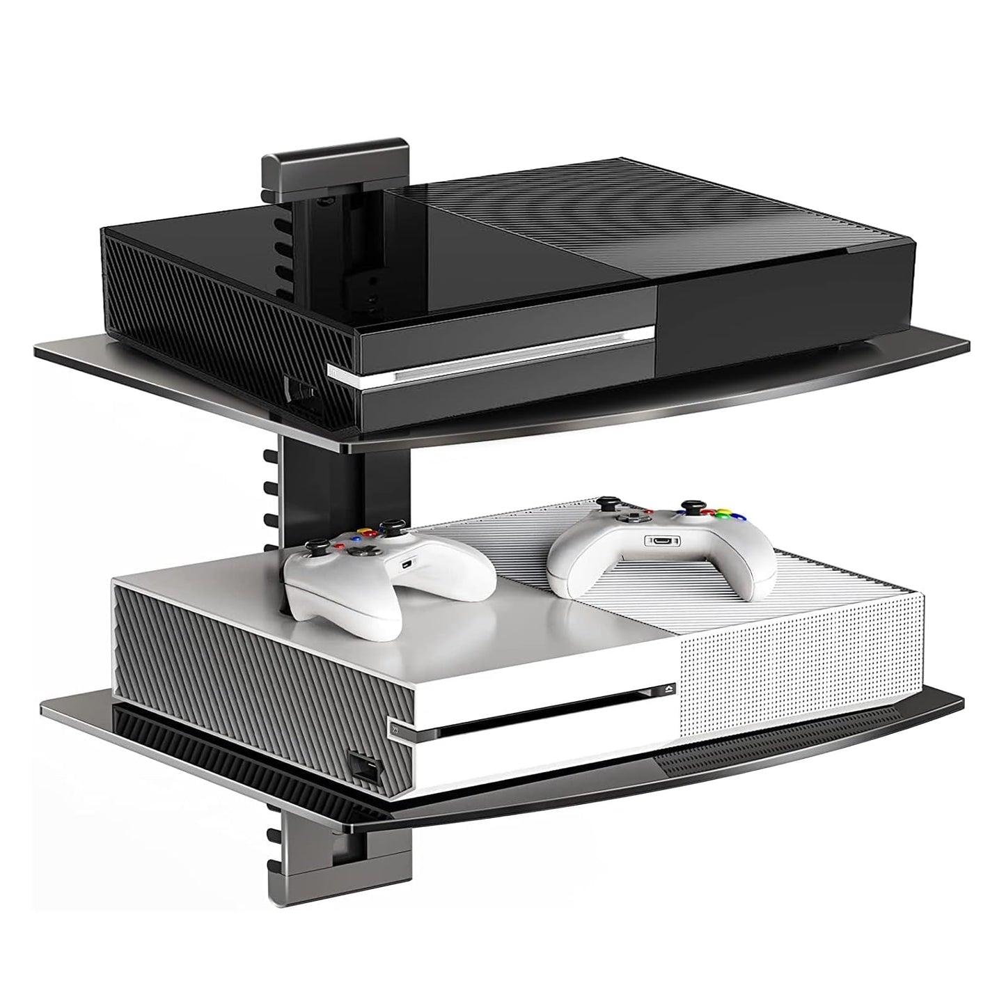 Suptek Glass Floating Shelves, TV Wall Mount with Shelf for DVD Player / PS4 / Cable Boxes/Game Consoles/Sky Box/TV Accessories, Flat Black 2-Tier Wall Mount Bracket