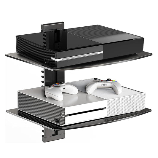 Suptek Glass Floating Shelves, TV Wall Mount with Shelf for DVD Player / PS4 / Cable Boxes/Game Consoles/Sky Box/TV Accessories, Flat Black 2-Tier Wall Mount Bracket