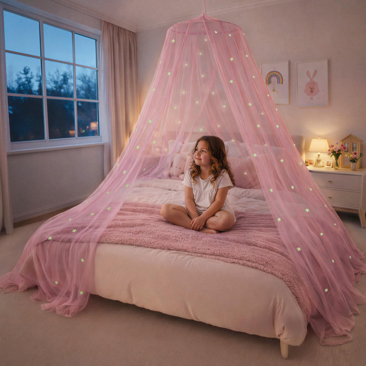 Bollepo Pink Bed Canopy for Girls with Glowing Stars - Premium Canopy Bed | Fits Single, Twin, Full, Queen Size Kids Bed, Princess Netting Room Decor, Ceiling Tent to Cover Toddler, Canopy for Bed