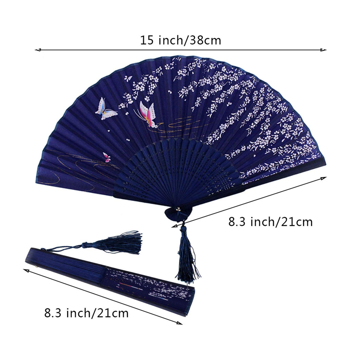 Bantoye 2Pcs Handheld Fans Silk Folding Fans with Bamboo Frames, White Blue