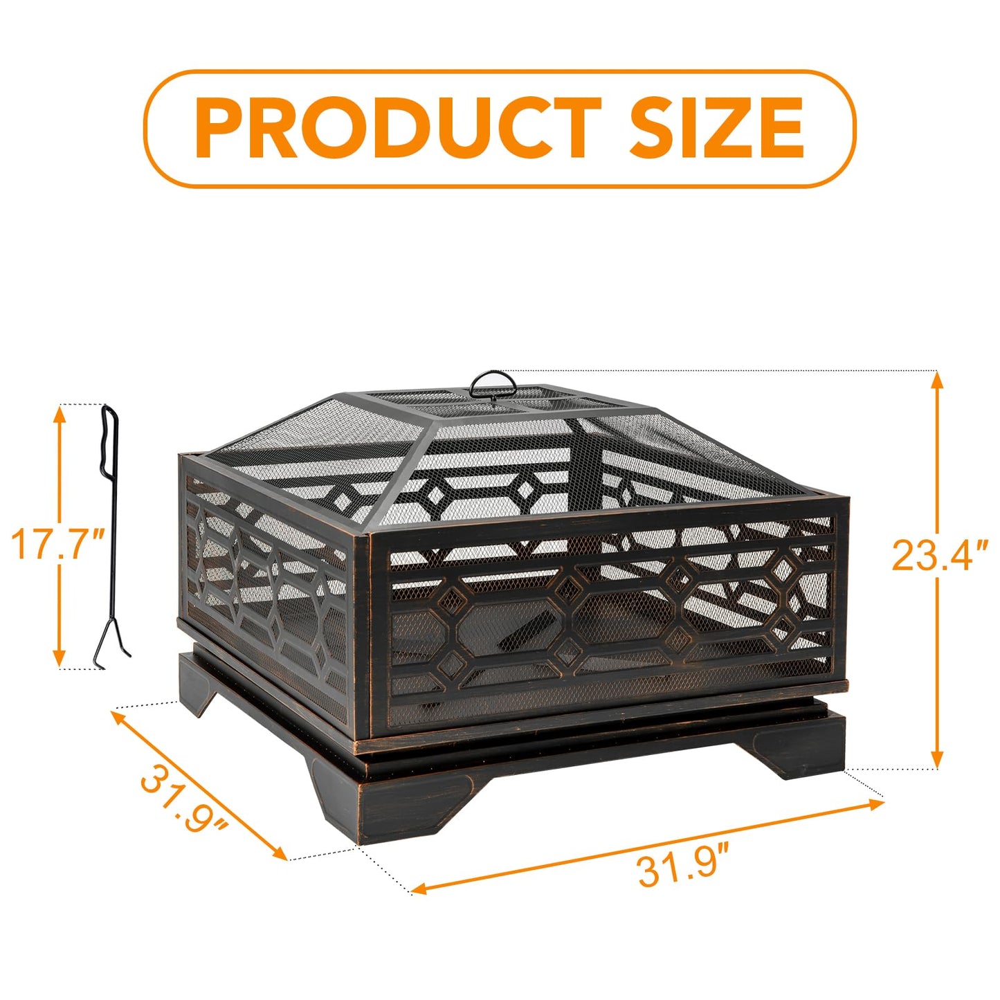 Florise Outdoor Fire Pit, 32 Inch Wood Burning Firepit for Outside with Mesh Cover & Fire Poker, Large Square Metal Fireplace for Patio, Backyard, Garden, Bonfire Party