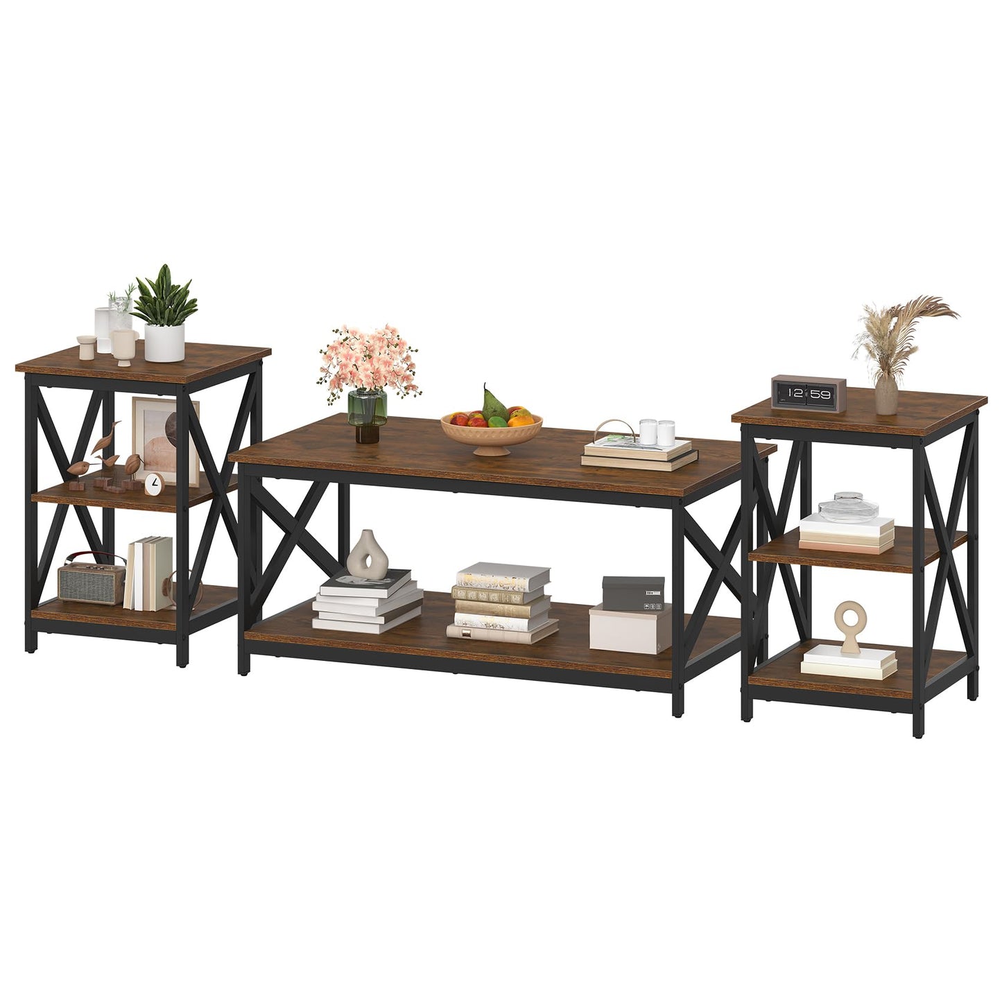 Bigbiglife Living Room Coffee Table Set of 3, Industrial X-Design Coffee Table and 2 End Side Tables, 3 Piece Living Room Table Set with Large Storage for Apartment Home (Rustic Brown)
