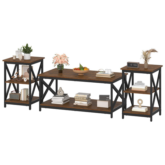 Bigbiglife Living Room Coffee Table Set of 3, Industrial X-Design Coffee Table and 2 End Side Tables, 3 Piece Living Room Table Set with Large Storage for Apartment Home (Rustic Brown)