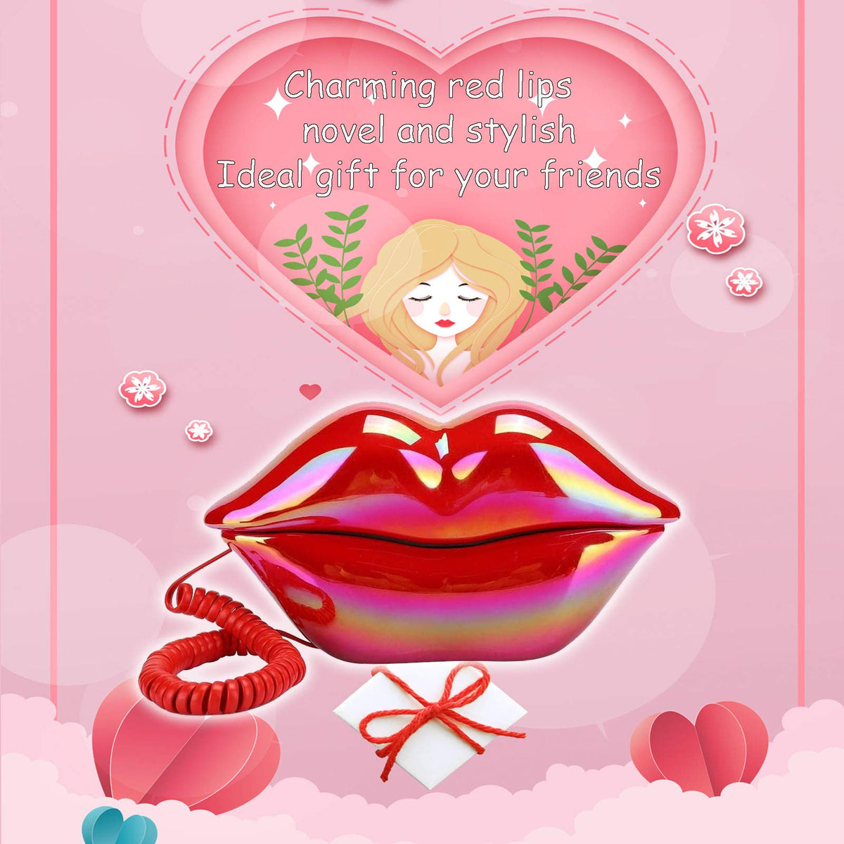 CHENJIEUS Lip Telephone, Advanced Home Telephone, Interesting Mouth Lip-Shaped Telephone, Electroplating Wire Phone Home Decoration, for Families House Phone (Electroplating red)