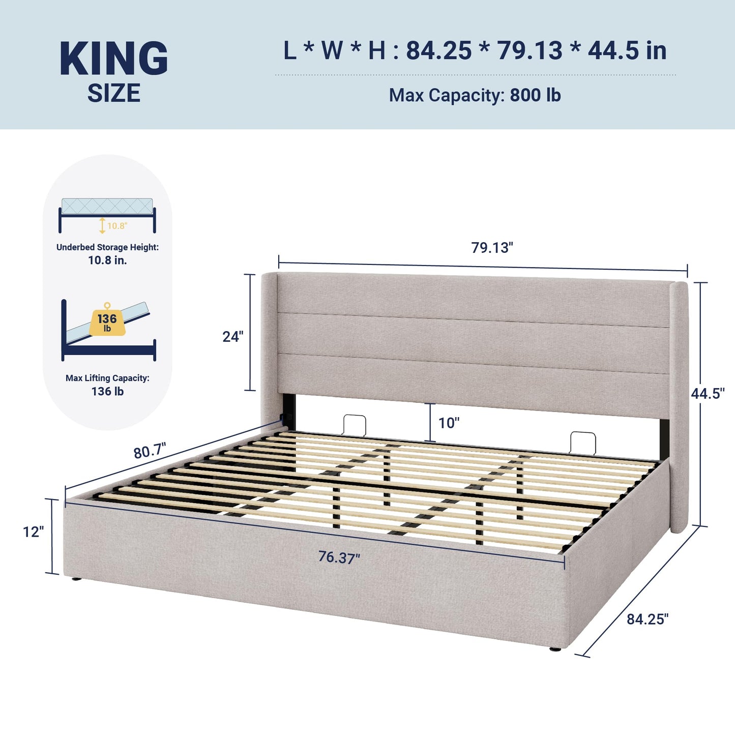 Allewie King Size Lift Up Hydraulic Storage Bed Frame Light Beige