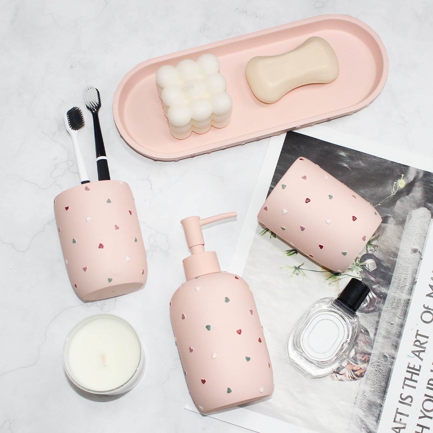Bathroom Accessories Sets 4-Piece, Premium Pastel Heart Bathroom Accessory Complete Set - Toothbrush Holder, Lotion Soap Dispenser, Vanity Tray, Bathroom Tumbler for Countertop Vanity (Pink)