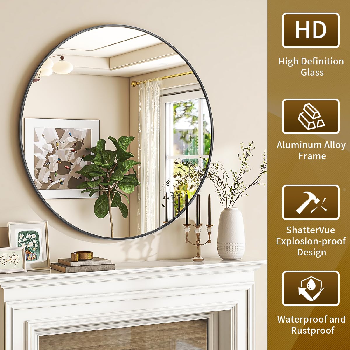 VETROVUE Black Round Mirror, 24 Inch Circle Bathroom Mirror with Metal Frame, Wall-Mounted for Entryway, Bathroom, Vanity, Living Room