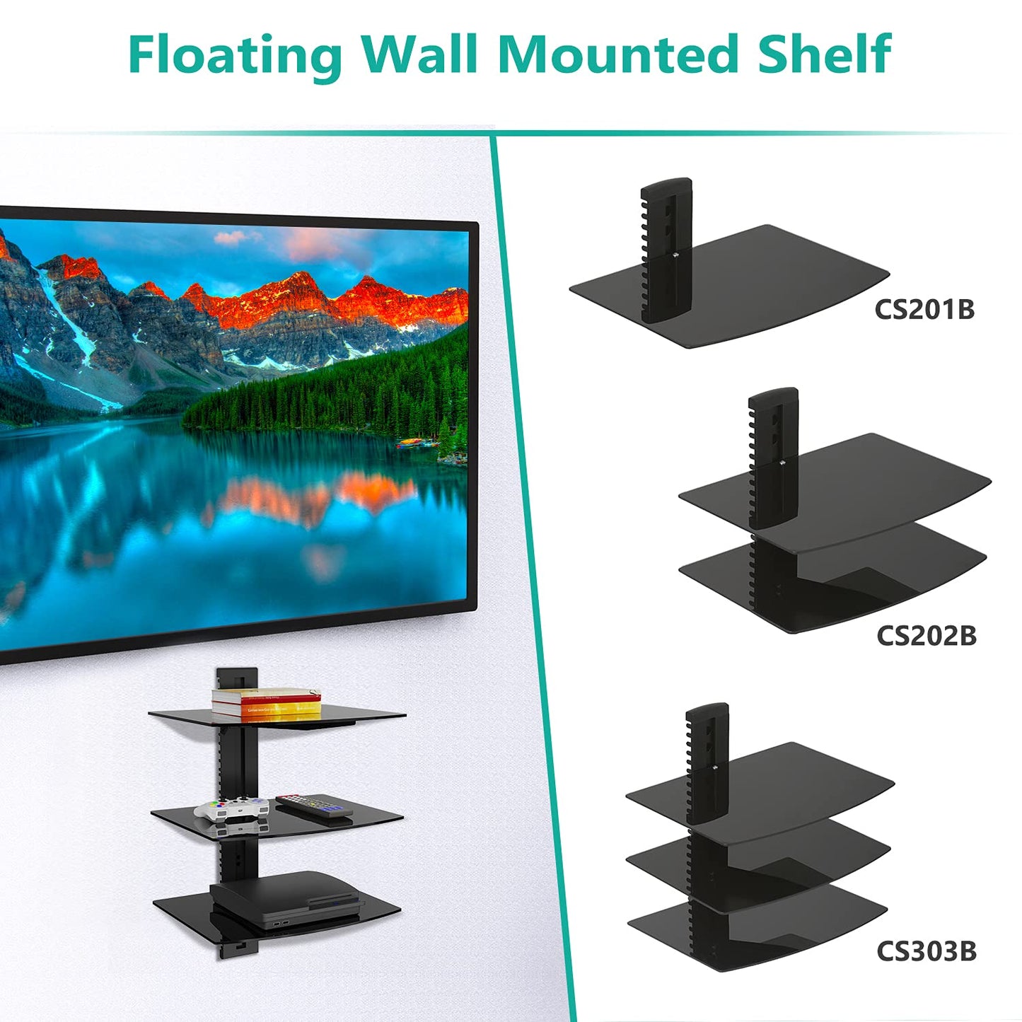 WALI 3 Tier Glass Floating TV Wall Shelf for Projector, DVD Players