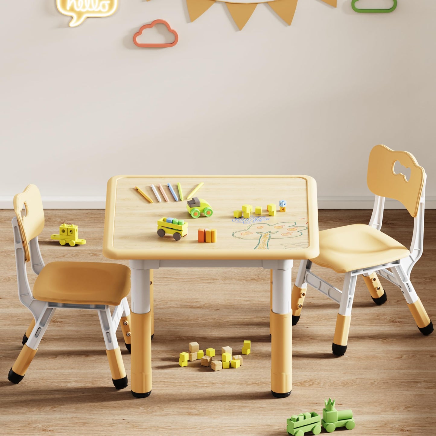 Brelley Kids Table and 2 Chairs Set, Height Adjustable Toddler Desk and Chair Set, Graffiti Desktop, Classroom/Daycare/Home, Children Multi-Activity Table for Ages 3-8