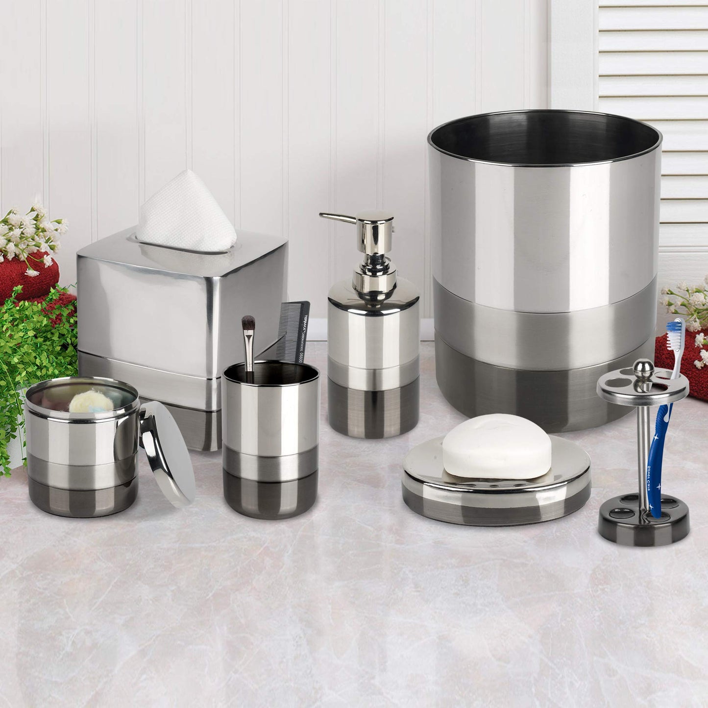 nu steel Triune Bath Accessory Set Vanity Countertop, 7 Piece Luxury Ensemble - Cotton Swab, soap Dish, Toothbrush Holder, Tumbler, soap Pump, Waste Basket, Tissue Box - Shiny, Brushed & Black Nickel