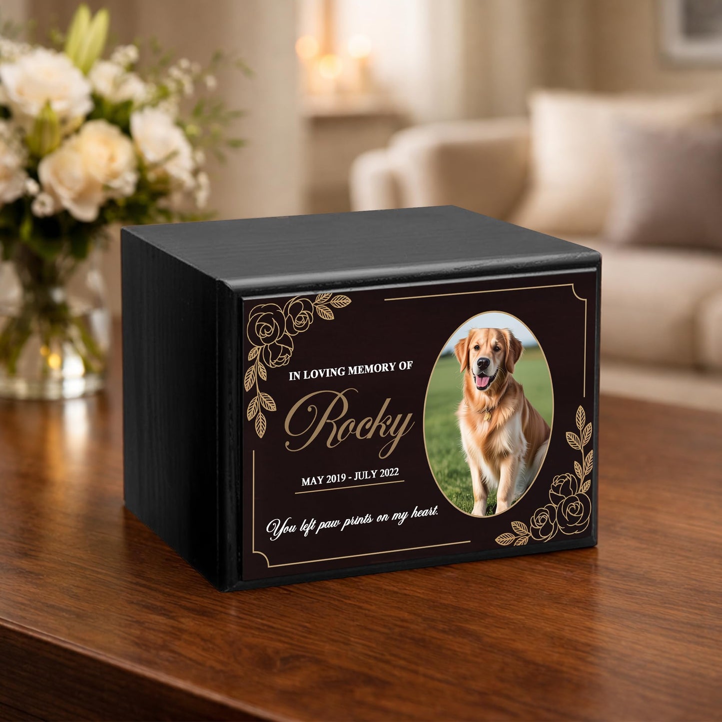 Personalized Wooden Urns for Dog Ashes - Custom Cremation Urn for Dogs up to 170 lbs - Add Your Pet Photo and Text - Custom Burial Memorial Keepsake - Black Design 6