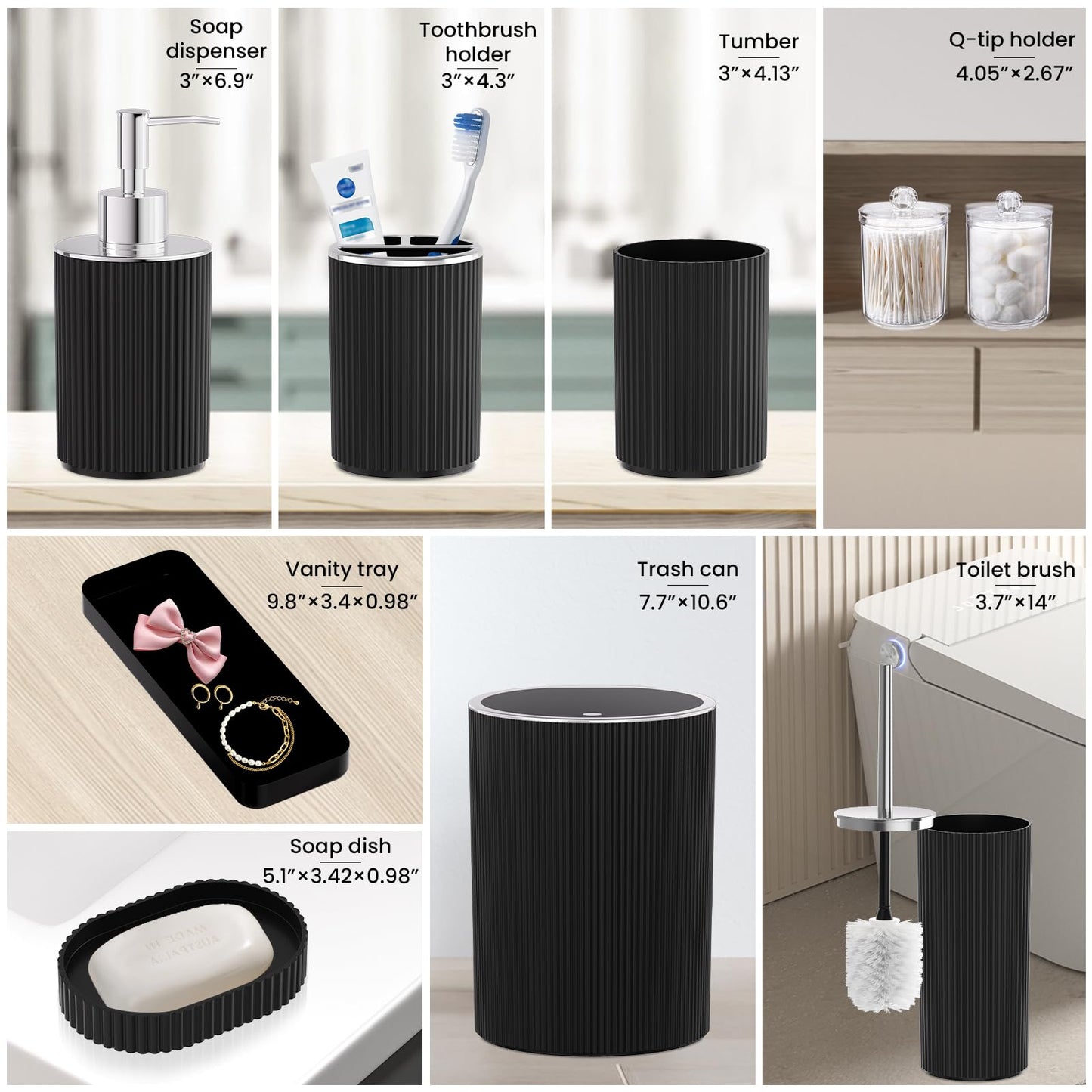 InnJoey Black Bathroom Accessories Set, 10PC Bathroom Trash Can Set