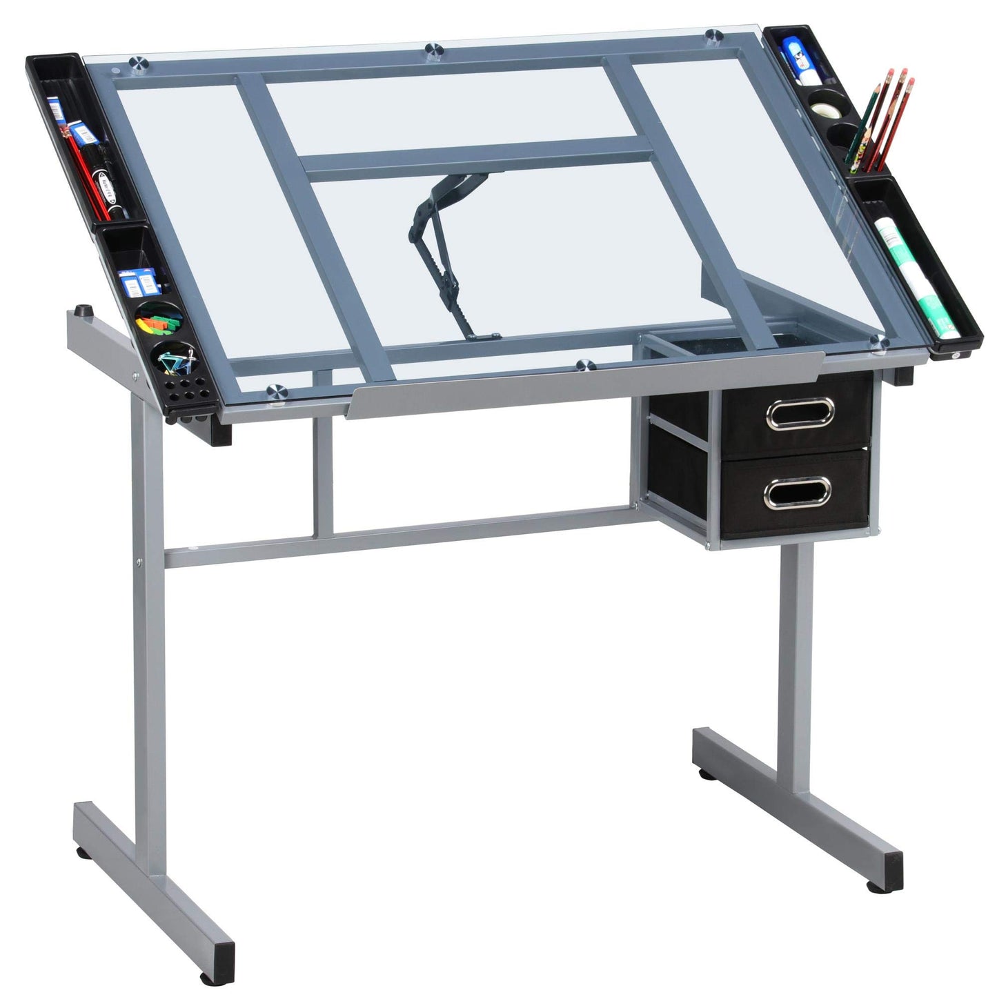 Yaheetech Glass Drafting Table with Storage, Adjustable Art Drawing Desk