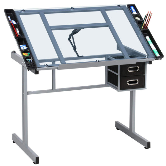 Yaheetech Glass Drafting Table with Storage, Adjustable Art Drawing Desk