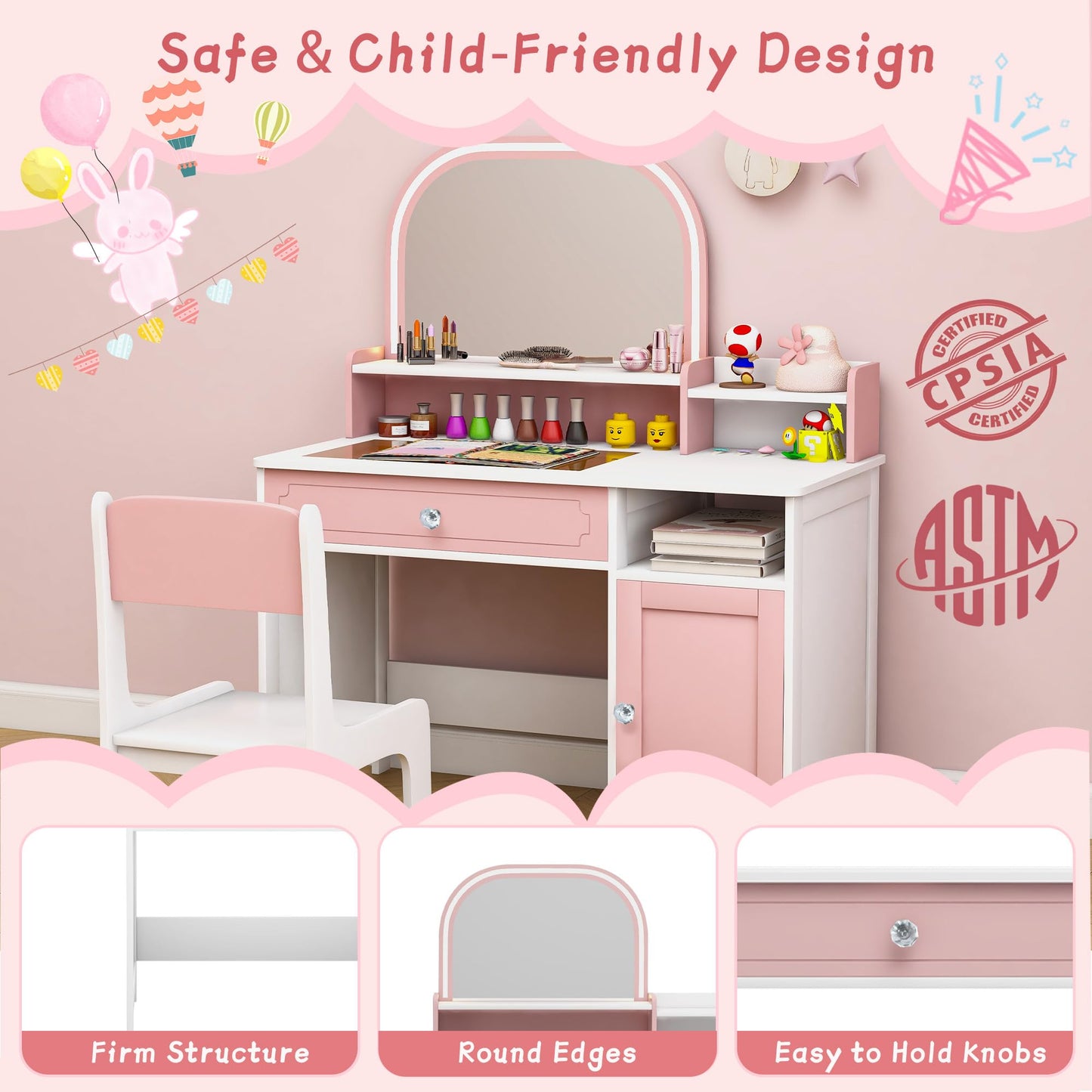 Vavkorkula Kids Vanity Set, Toddler Dresser Small Vanity Desk with Mirror and Lights for 3-8 Years Old, Wooden Dressing Table Kids Makeup Vanity Organizer Sets for Girls, Pink