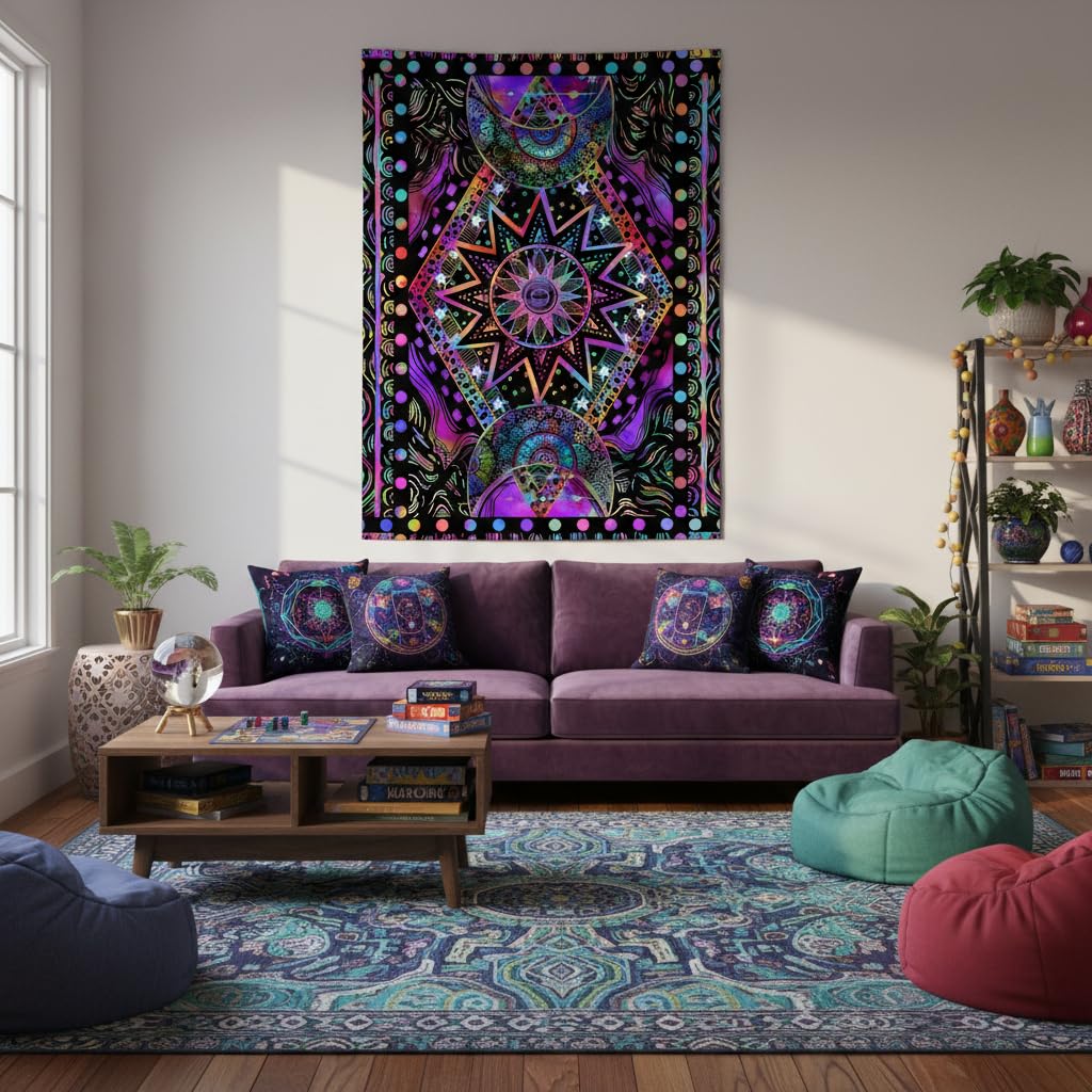 Blacklight Sun and Moon Tapestry Glow in The Dark Neon Hippie Bohemian Tapestries for Bedroom Aesthetic UV Reactive Purple Celestial Tie Dye Tapestry Wall Hanging for Living Room Dorm (40'' × 30'')