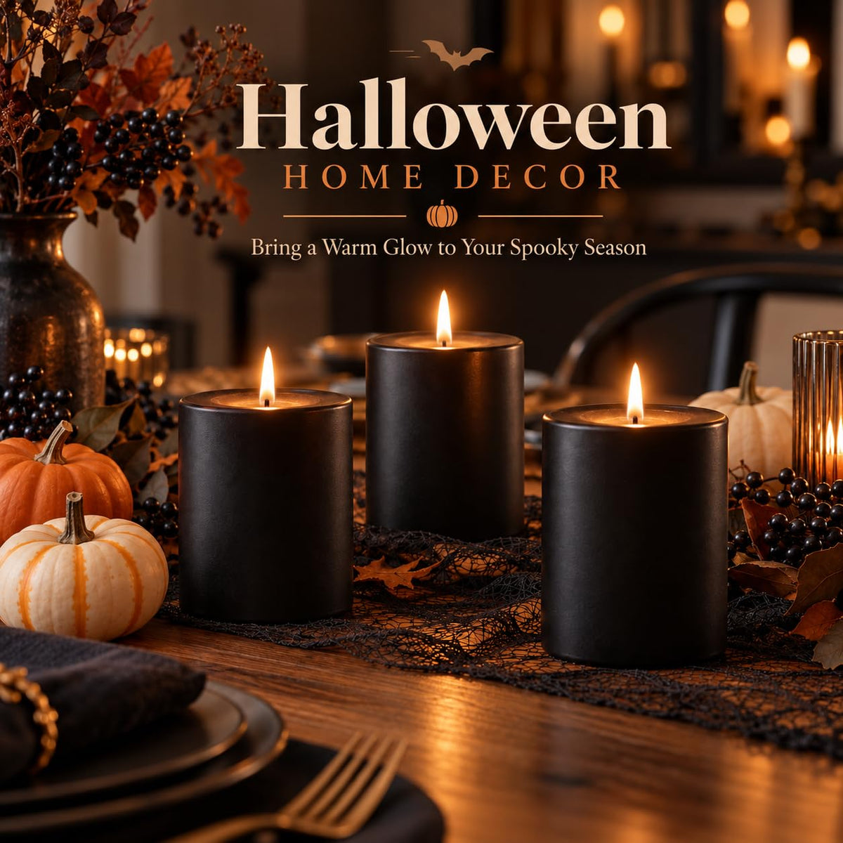 Black Soy Pillar Candles for Halloween, 3x4 Inch Unscented Candles, 3 Pack