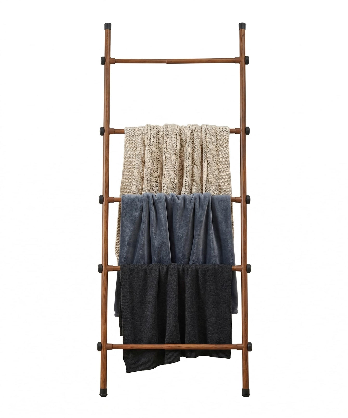 SIBRAD Expandable Blanket Ladder for Living Room, Adjustable Width (17.3"-32.3") Tall Metal Quilt Rack Wall Leaning, Rustic Brown Wood Grain 5-Tier Blanket Holder, Heavy Duty 45 Lbs Capacity