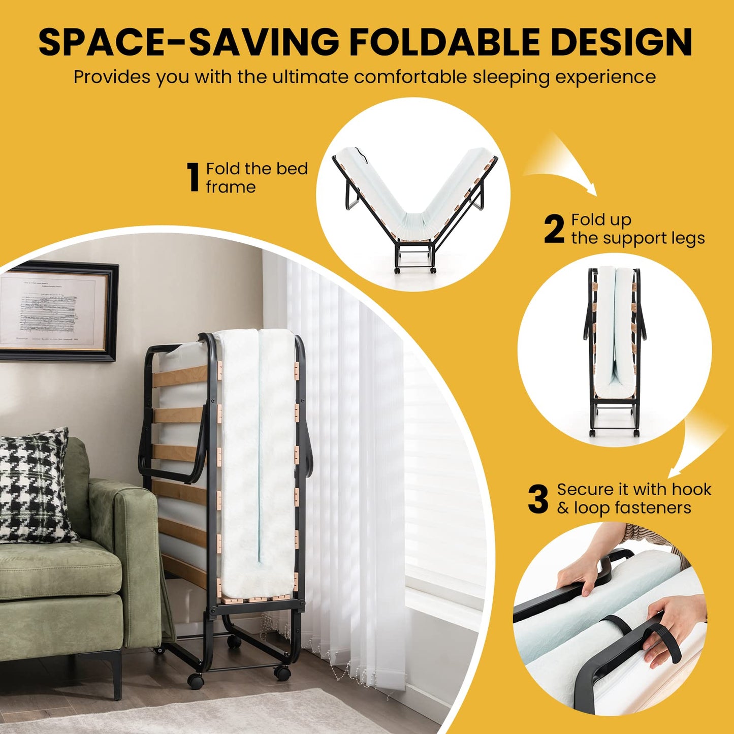 Giantex Folding Bed with Mattress for Adults, Cot Size Rollaway Bed for Guest, Portable Foldable Bed w/Memory Foam Mattress & Metal Frame for Easy Storage, 75"x 31"