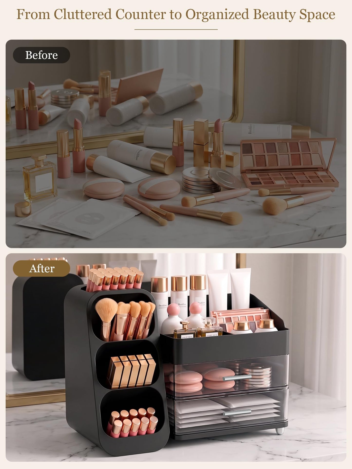 Booklov Large Makeup Organizer for Vanity Countertop, Black