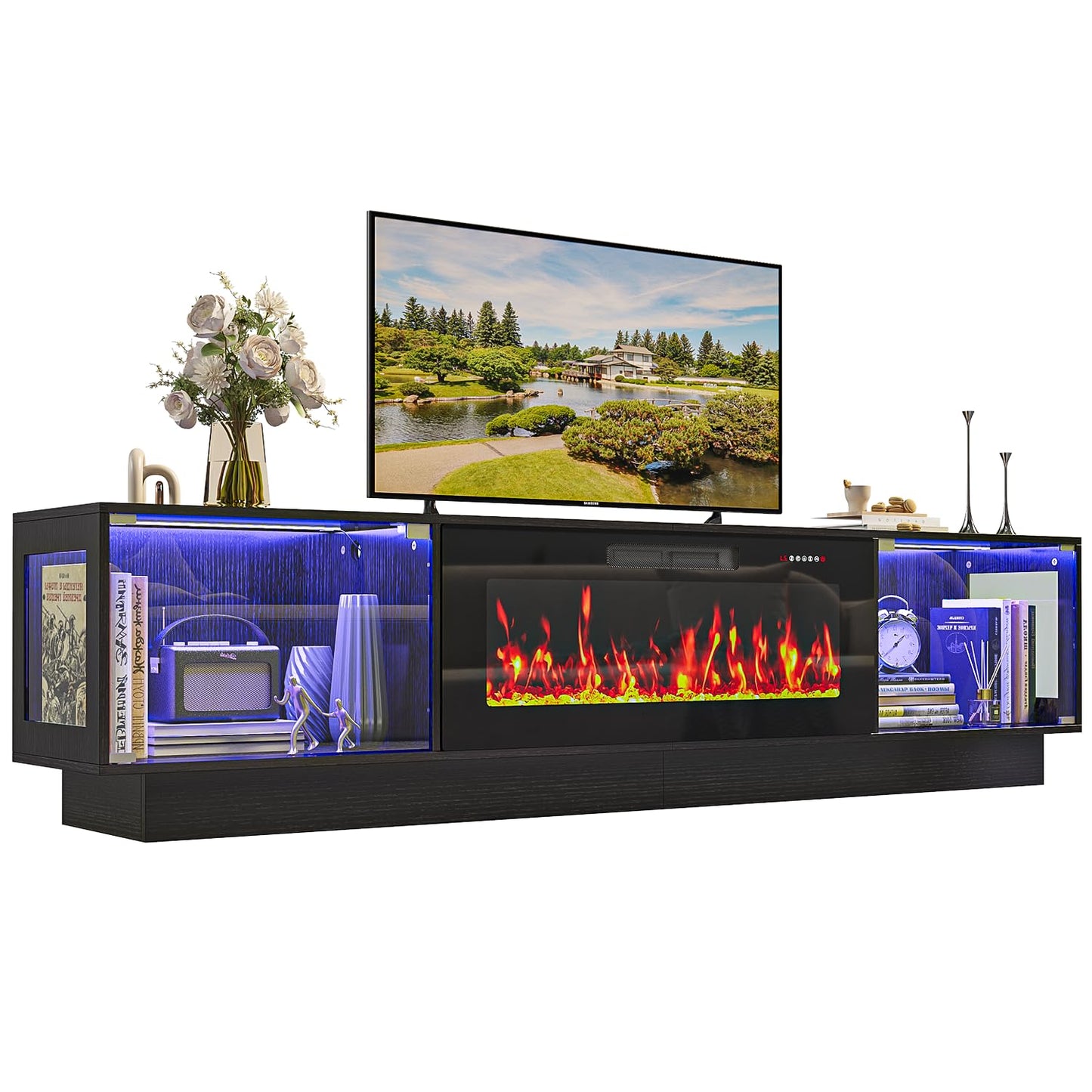 PRETZI 80 Inch Modern Fireplace TV Stand, Luxury TV Stand with 36" Fireplace for TVs Up to 90", Glossy Glass Doors Entertainment Center with Adjustable RGB LED Light for Living Room, Black