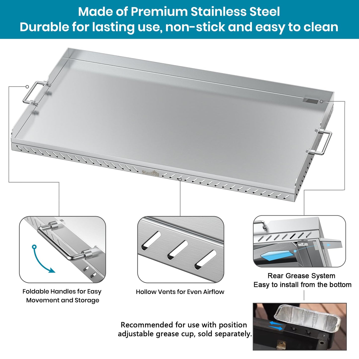 Stanbroil 36 inch Stainless Steel Flat Top Gas Grill Griddle Replacement for Blackstone 4 Burner Gas Grill Cooking Station, Flat Top Griddle with New Rear Grease Management System