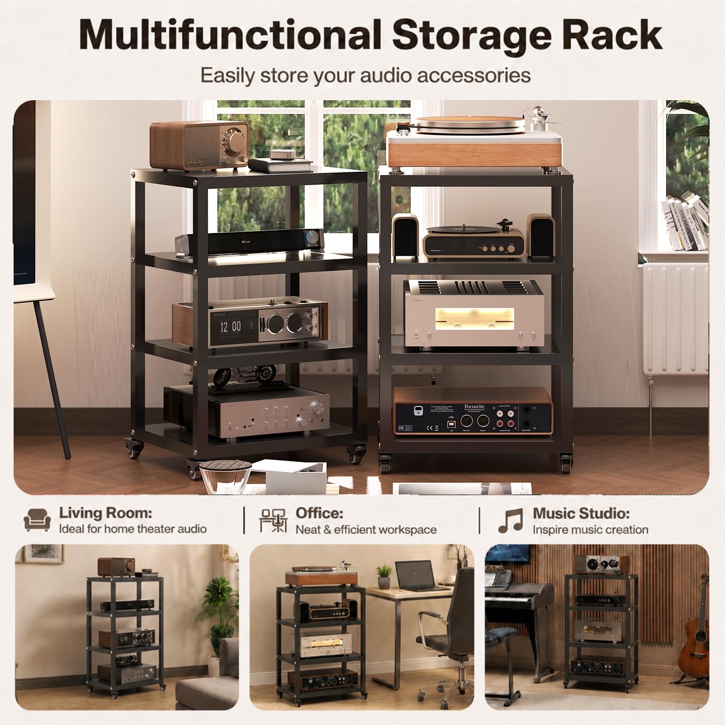 PLMFJQK 4 Tier Record Player Stand with Storage,Media Stand Heavy Duty Media Shelf,Record Player Shelf for DVD AV,31.5"*19.69"*15.75"