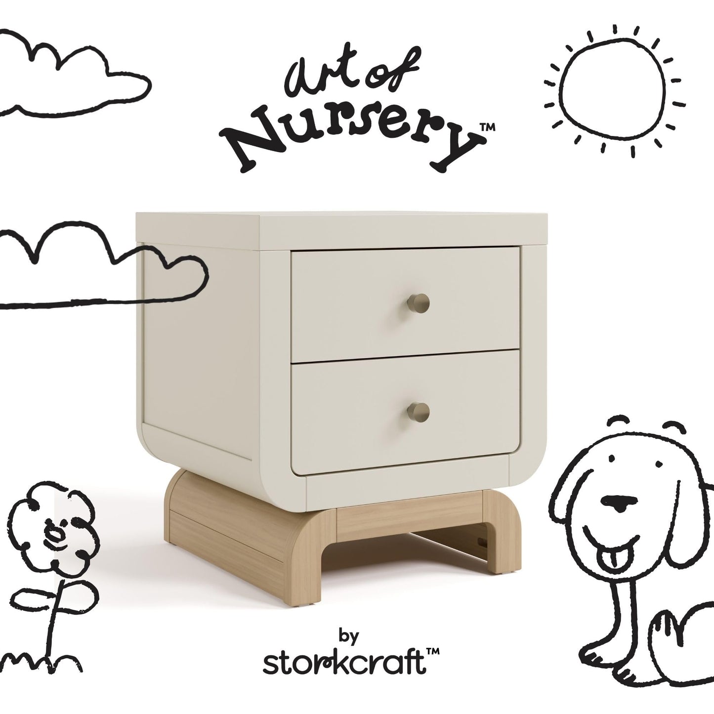 Storkcraft Santorini 2 Drawer Nightstand (Frosted Oat & Driftwood) - GREENGUARD Gold Certified Nightstand for Kids Bedroom, Premium Wood with Curved Base, “Champagne” Metal Knobs