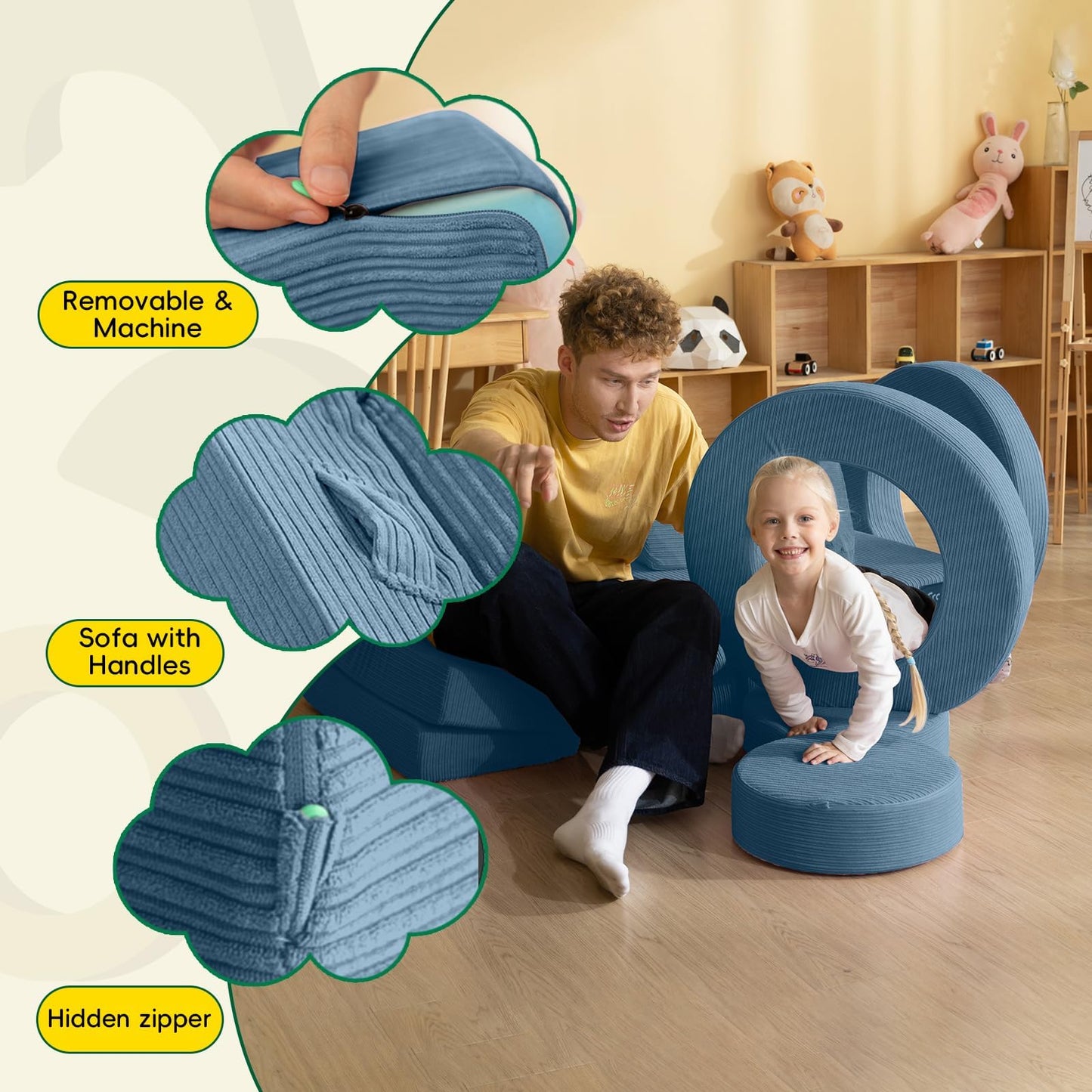 Frolic & Fun 16Pcs Modular Kids Play Couch for Toddlers, Fold Out Kids Couch Building Fort for Playroom Bedroom, Kid Convertible Explorer Sofa Cushions for Boys & Girls Navy Blue