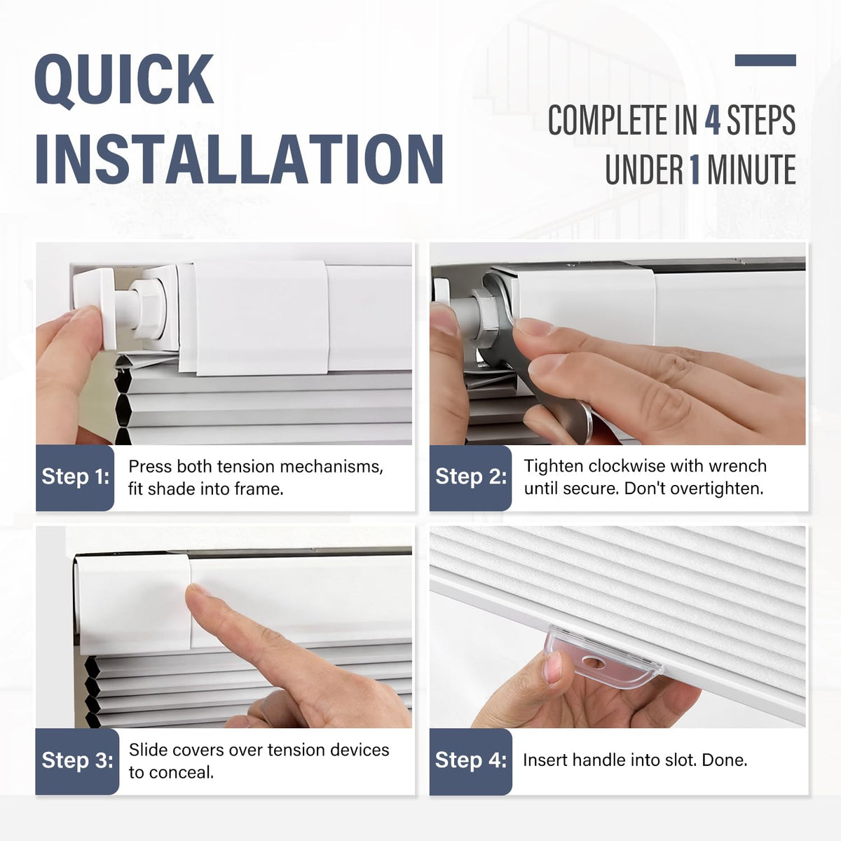 AOSKY No Drill Cordless Blackout Cellular Shades, 34" W x 48" H, White