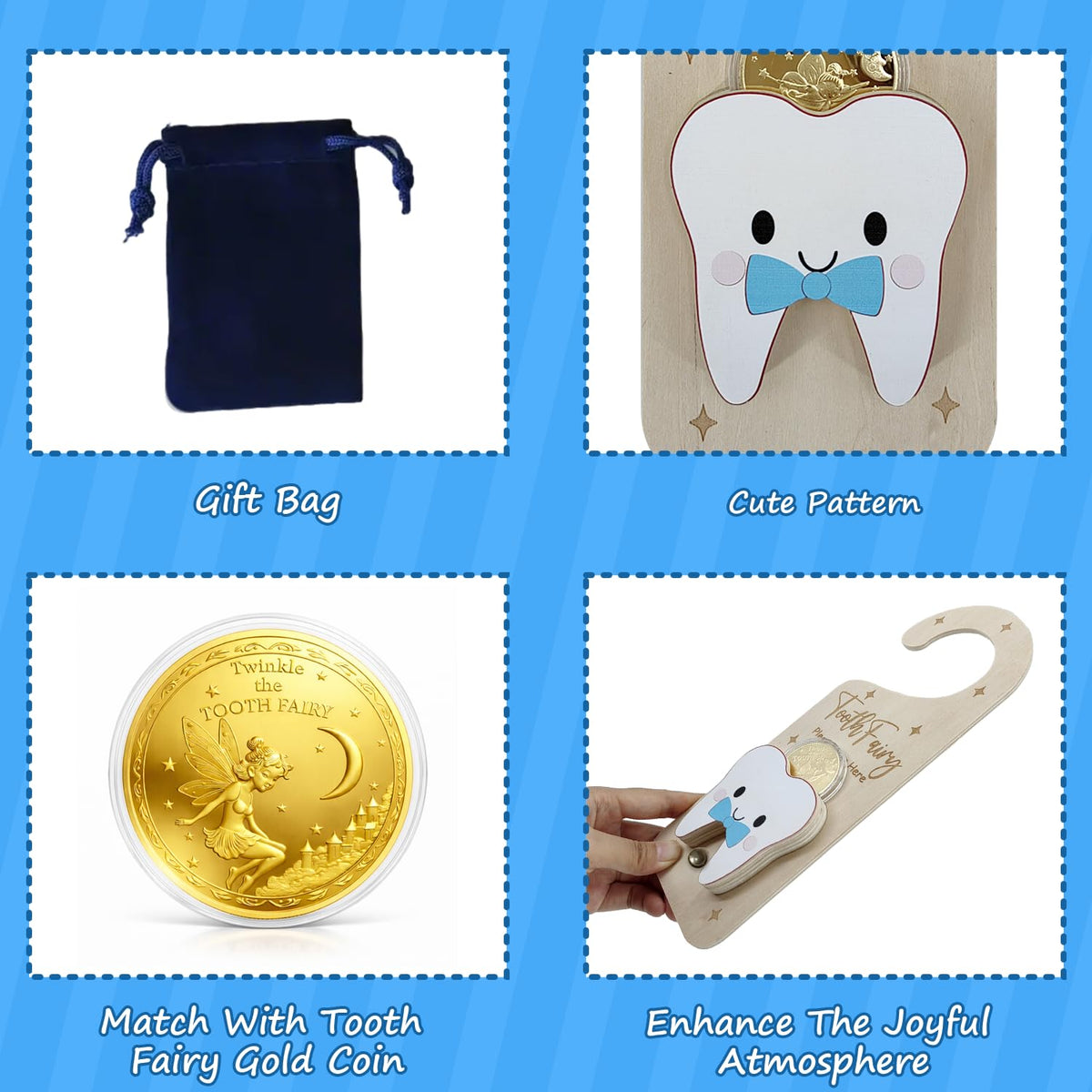 Tooth Fairy Door Hanger, Lost Tooth & Coin Holder Kit for Kids Gifts - Blue