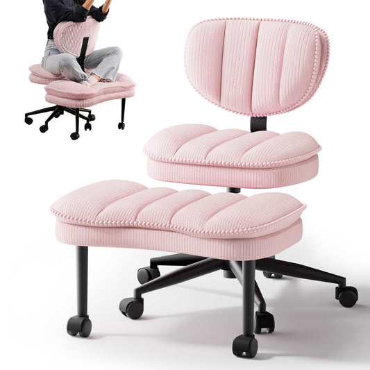 Cross Legged Office Chair, Ergonomic Cloud Criss Cross Desk Chair, Meditation Chair with Wheels, Height Adjustable Seat for ADHD, Wide Kneeling Chair with Back Support,Pink