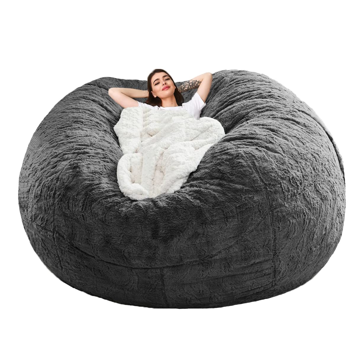 Halatua Soft Bean Bag Sofa Cover(NO Filler) Super Large Lazy Sofa Cover for Family (Dark Gray, 6FT(D153*H65cm) ONLY Cover)