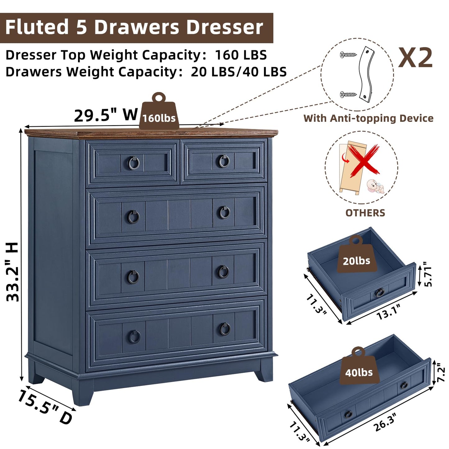 Joaxswe Farmhouse 5 Drawer Dresser for Bedroom, 33.2" Tall Small Dressers & Chest of Drawers, Rustic Wood Dresser with Metal Handle, Storage Organizer Closet for Living Room, Hallway, Entryway