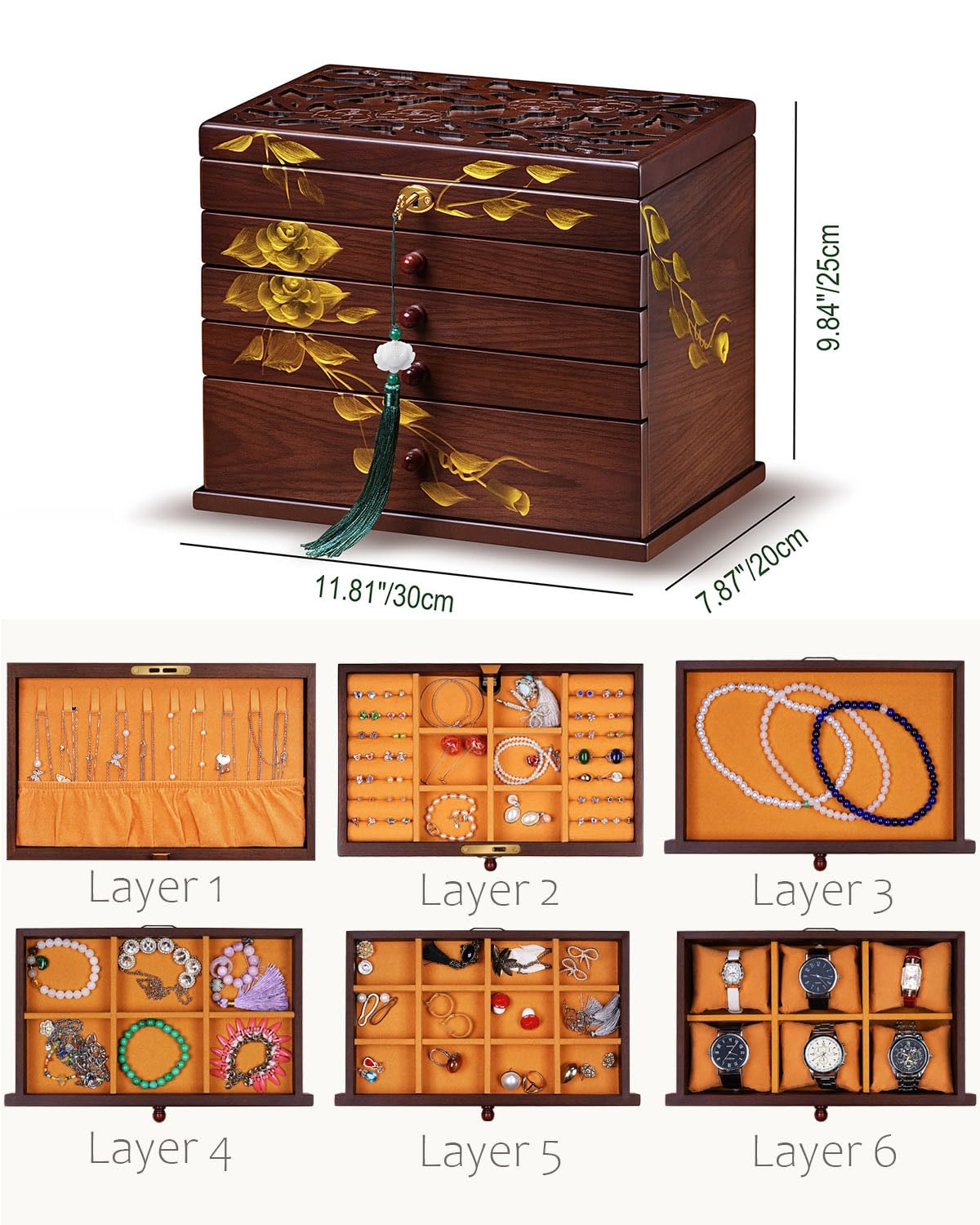 Painted Wooden Jewelry Box for Women, 6-Layer Vintage Organizer with Lock