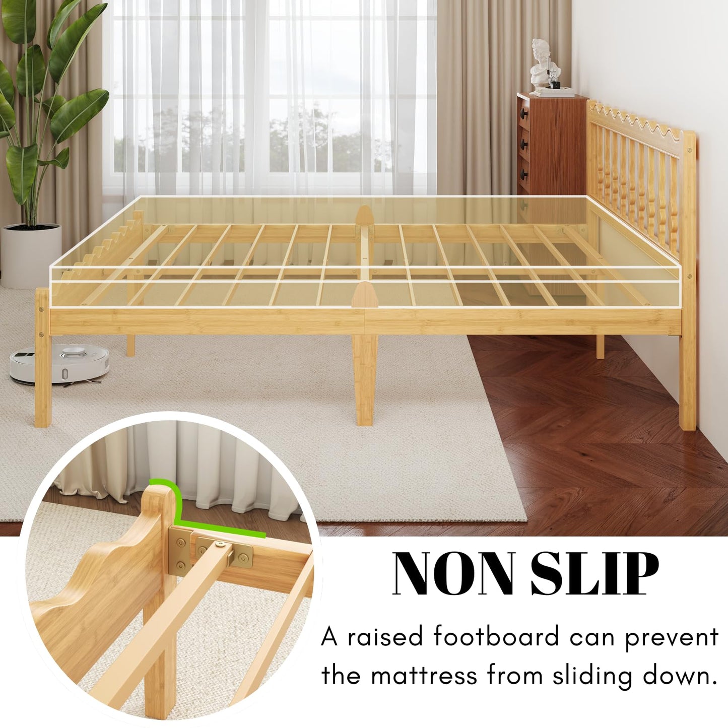 Bednowitz Bamboo Twin XL Bed Frame with Headboard, 14 inch Solid Wood Platform Bed Frames Twin XL Size with Metal Slats, No Box Spring Needed, Easy Assembly, Noise Free