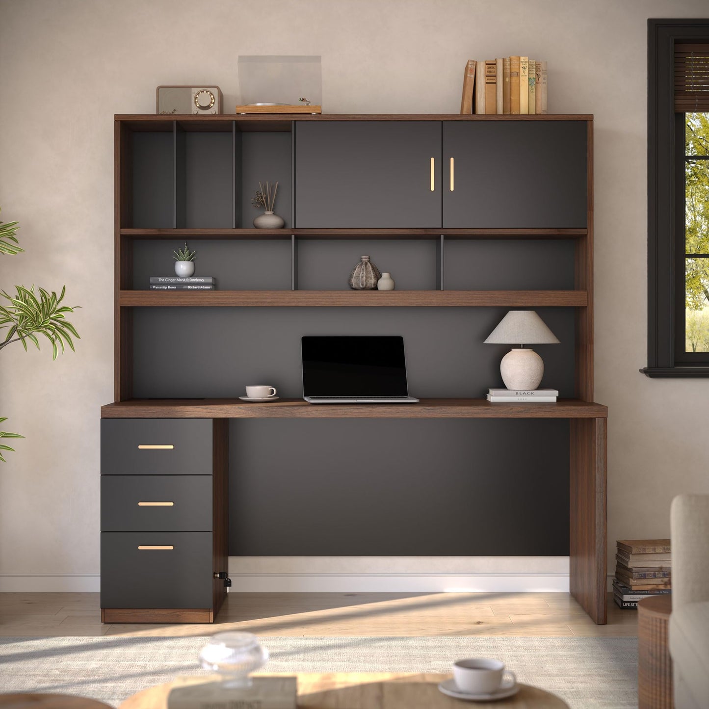 ModernMate Computer Desk with Hutch and Drawers, 72.8'' Executive Office Desk with Storage, 1.18" Desktop, Privacy Panel, All-in-One Study Writing Desk with Power Outlet for Home Study, Black Walnut