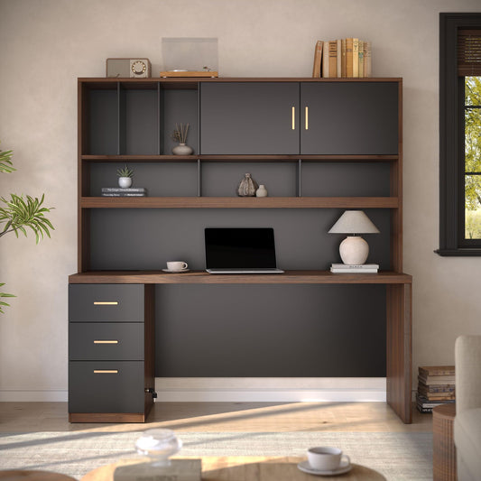 ModernMate Computer Desk with Hutch and Drawers, 72.8'' Executive Office Desk with Storage, 1.18" Desktop, Privacy Panel, All-in-One Study Writing Desk with Power Outlet for Home Study, Black Walnut