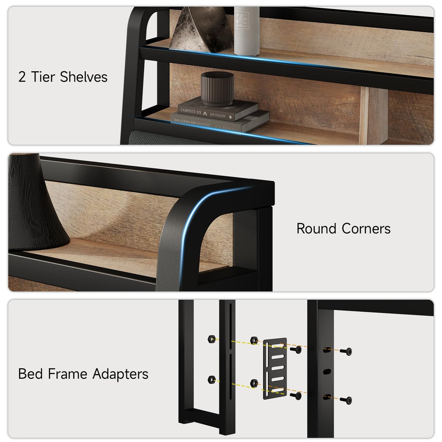 Lefurture Queen Headboard Only with Storage, Upholstered Headboards for Queen Size Bed with LED Light, Charging Station, Height Adjustable, Sturdy and Stable Headboard, Black & Brown