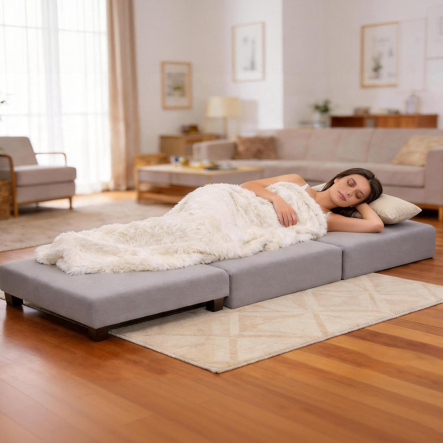 CoVibrant 3-in-1 Convertible Folding Ottoman Sleeper Bed, Full-Length Lounger Sofa Bed with Pillow & Tray, Linen Fabric Floor Mattress for Small Spaces, Living Room, Guest Room,Gray