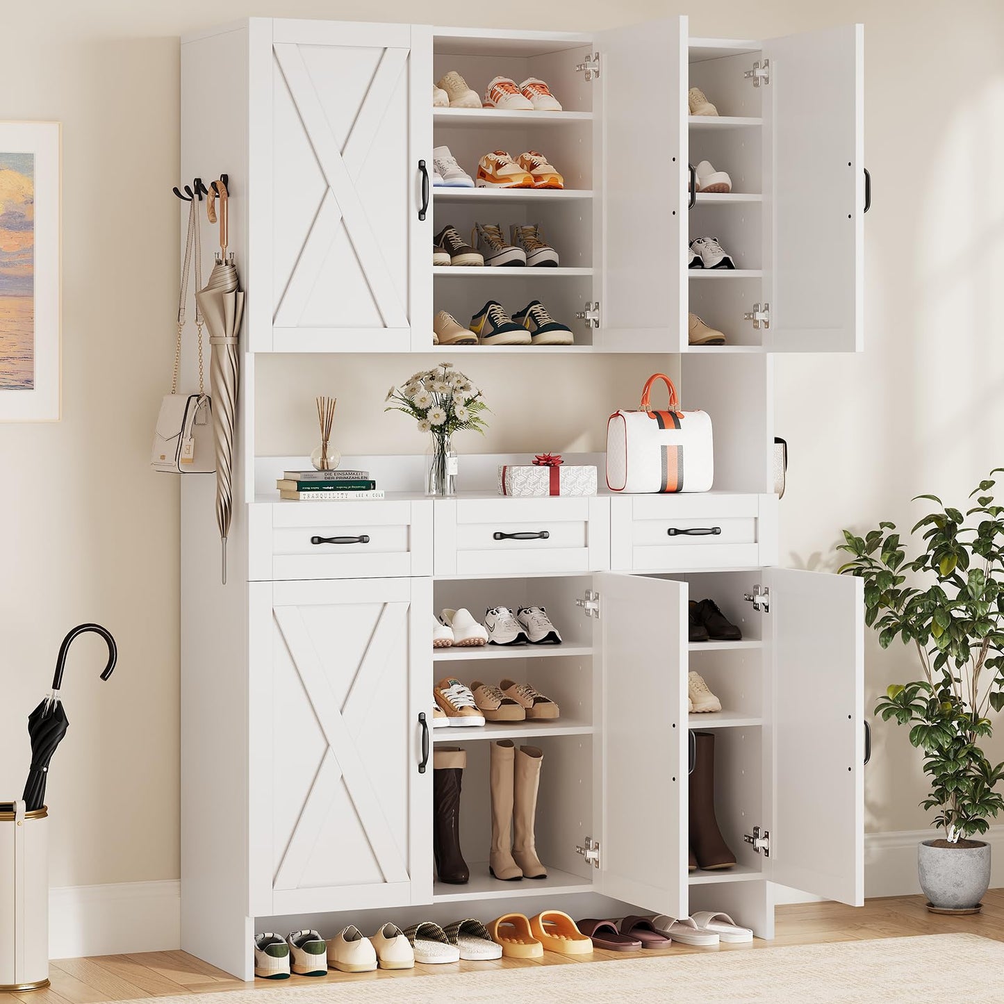 Tall Shoe Cabinet with 5 Tiers, 3 Drawers & 6 Barn Doors, Farmhouse Shoe Rack Organizer, Adjustable Shelves, Solid Wood Legs, White, for Entryway