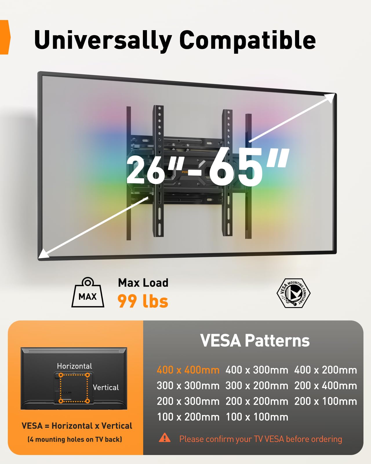 Perlegear AuraFrame™ Pre-Assembled TV Wall Mount with LED Lights for 26-65 inch TVs up to 99 lbs, Max VESA 400x400mm, Swivel, Extension, Tilt, TV Backlights with Music Sync, Fits 16”/12” Wood Studs