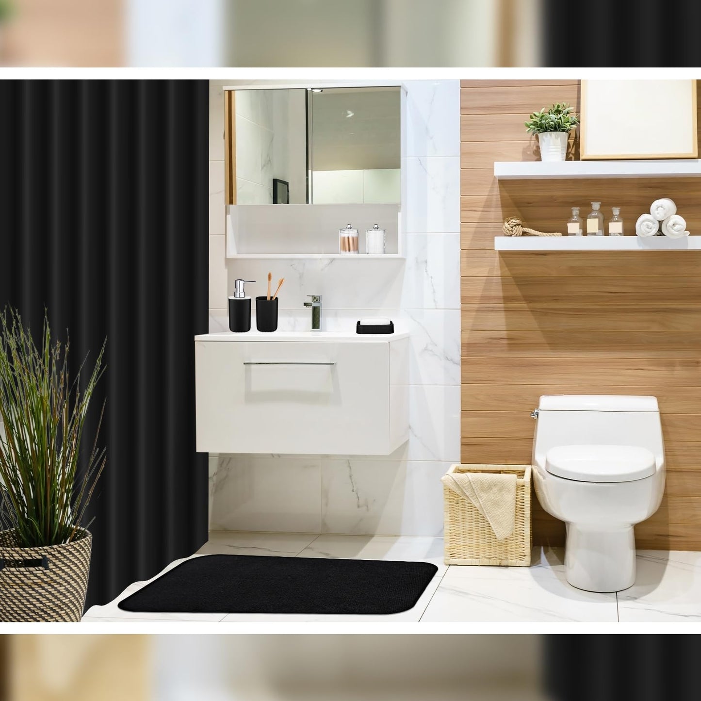 Hosuly 9 Pcs Bathroom Accessory Set Shower Curtain Set, Black